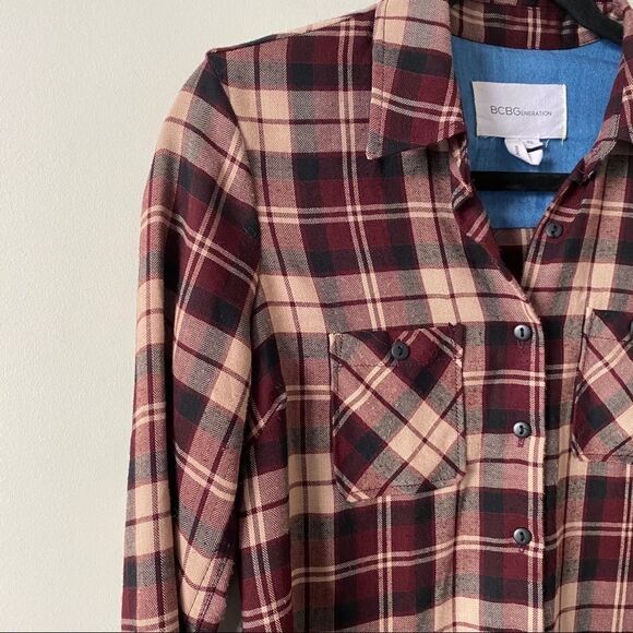 BCBG-Plaid Denim Cuff Button Down Shirt-XS - Picture 4 of 11